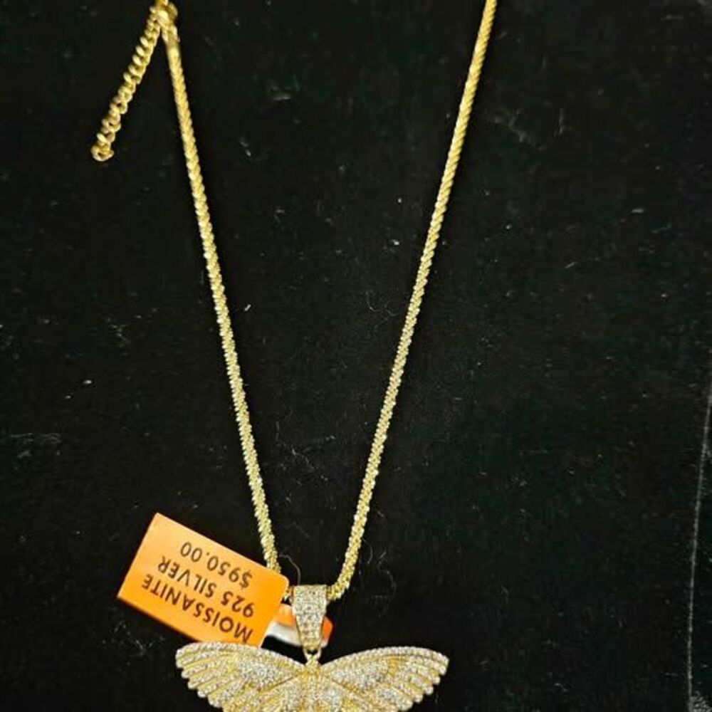 3.0CTW Moissanite Butterfly Pendant on 18" Rope Necklace. Both in 18kt gold over